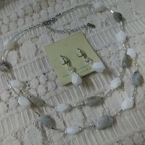Gray Stone & White Glass Necklace & Earrings Set